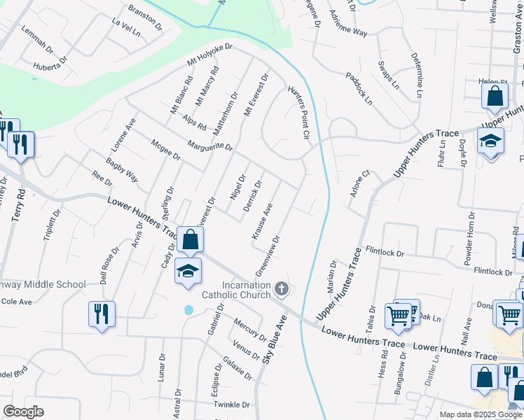 map of restaurants, bars, coffee shops, grocery stores, and more near 6304 Krause Avenue in Louisville