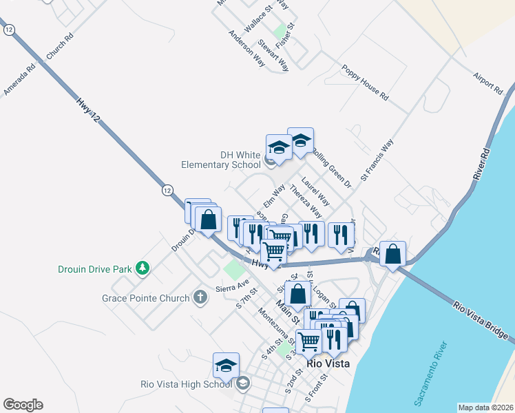 map of restaurants, bars, coffee shops, grocery stores, and more near 826 Elm Way in Rio Vista
