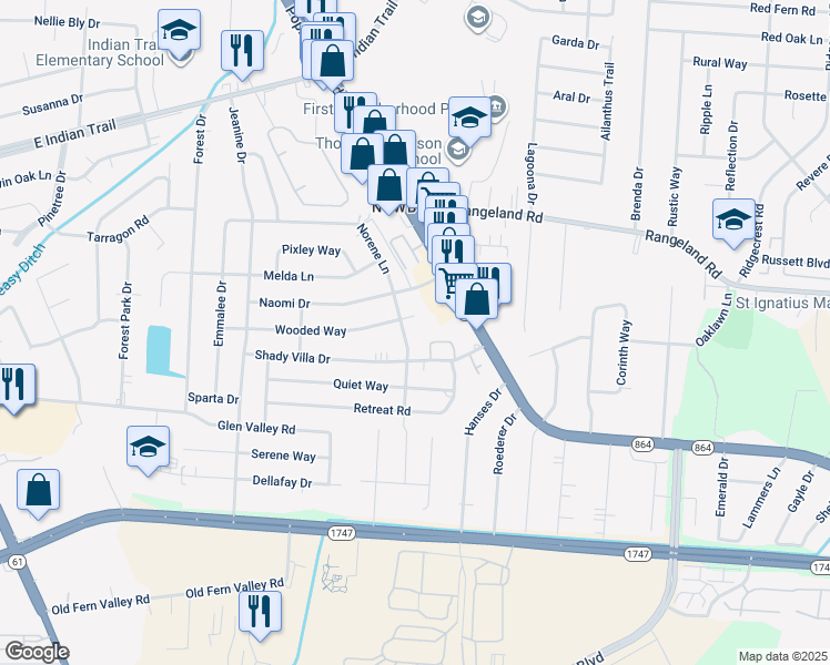 map of restaurants, bars, coffee shops, grocery stores, and more near 4413 Norene Lane in Louisville