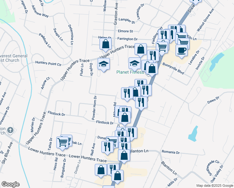 map of restaurants, bars, coffee shops, grocery stores, and more near 5133 Milner Road in Louisville