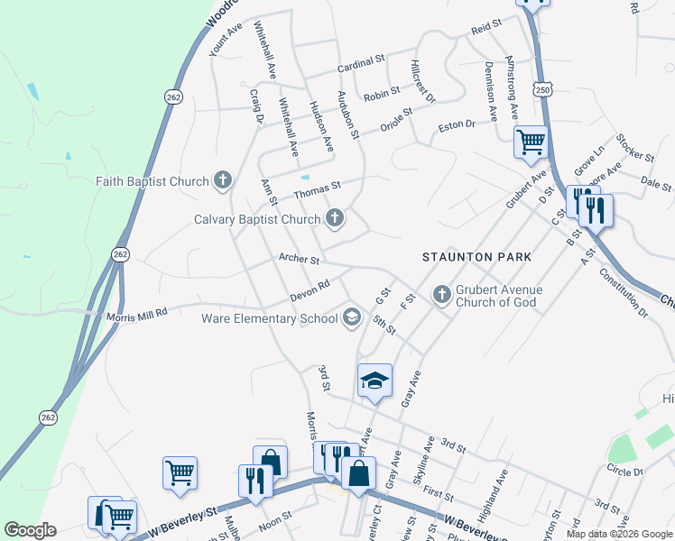 map of restaurants, bars, coffee shops, grocery stores, and more near 307 Devon Road in Staunton