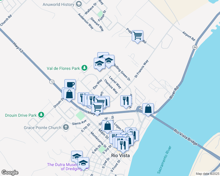 map of restaurants, bars, coffee shops, grocery stores, and more near 829 Thereza Way in Rio Vista