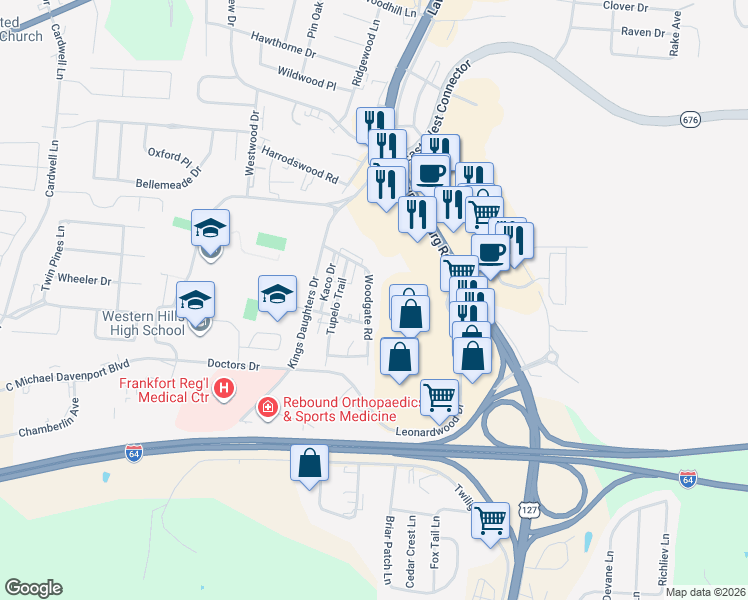 map of restaurants, bars, coffee shops, grocery stores, and more near 195 Woodgate Road in Frankfort