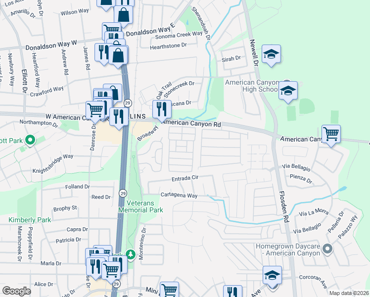 map of restaurants, bars, coffee shops, grocery stores, and more near 244 American Canyon Road in American Canyon