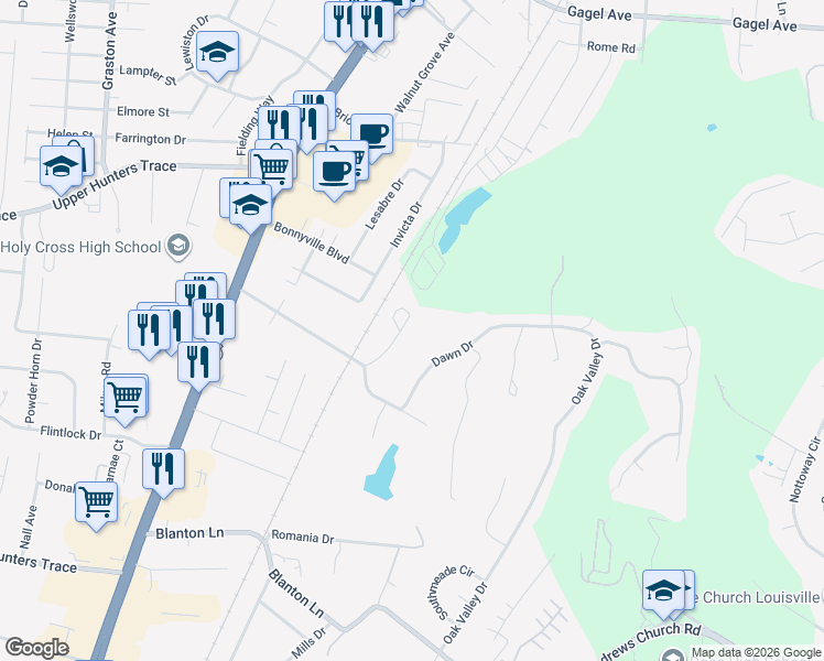 map of restaurants, bars, coffee shops, grocery stores, and more near 5109 Christie Avenue in Louisville