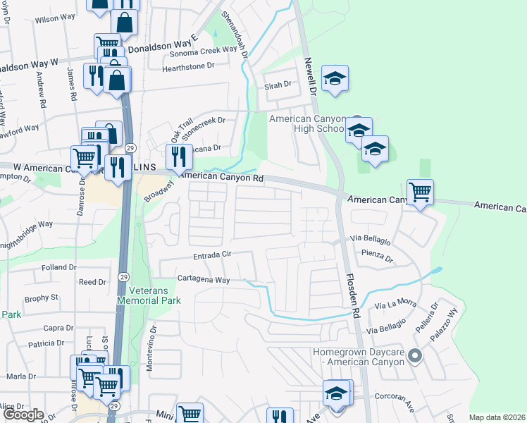 map of restaurants, bars, coffee shops, grocery stores, and more near 260 American Canyon Road in American Canyon