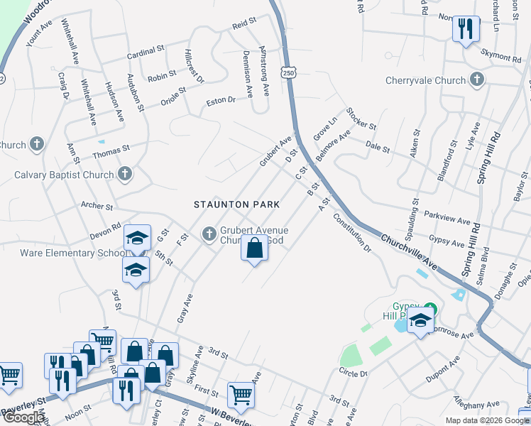 map of restaurants, bars, coffee shops, grocery stores, and more near 605 C Street in Staunton