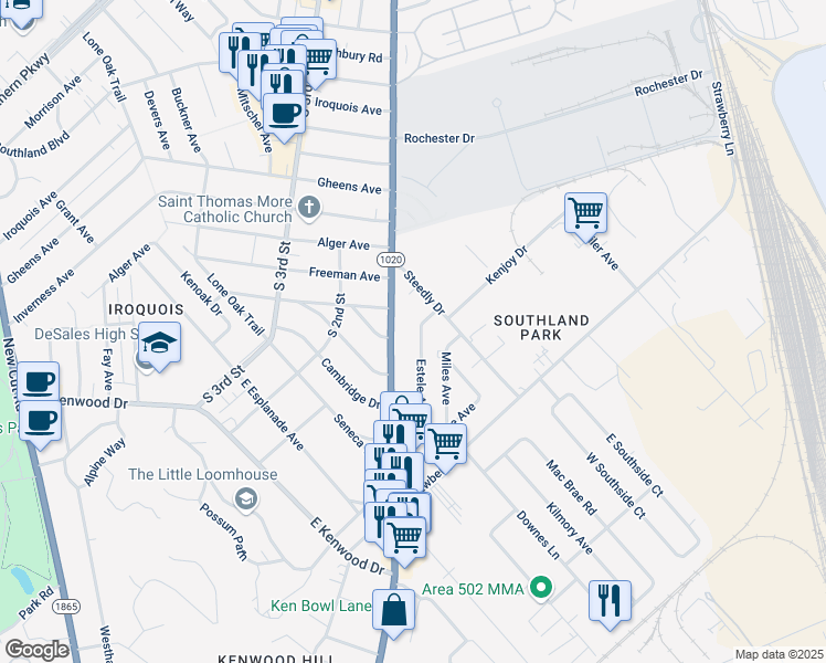 map of restaurants, bars, coffee shops, grocery stores, and more near 6512 Estele Avenue in Louisville