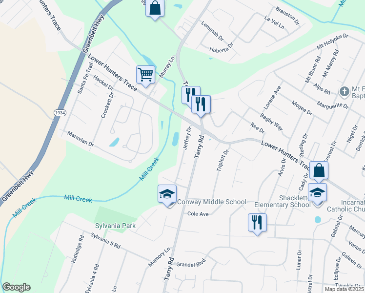 map of restaurants, bars, coffee shops, grocery stores, and more near 6200 Jeffrey Drive in Louisville