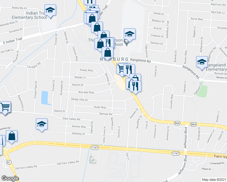 map of restaurants, bars, coffee shops, grocery stores, and more near 4413 Norene Lane in Louisville