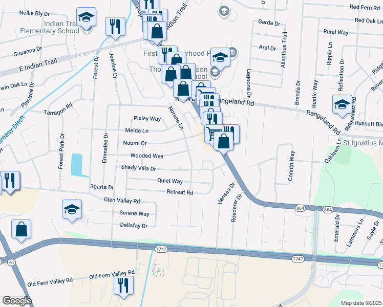 map of restaurants, bars, coffee shops, grocery stores, and more near 4413 Norene Lane in Louisville