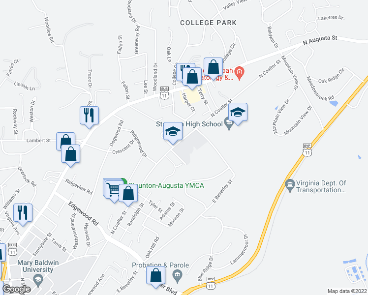 map of restaurants, bars, coffee shops, grocery stores, and more near 1101 North Coalter Street in Staunton