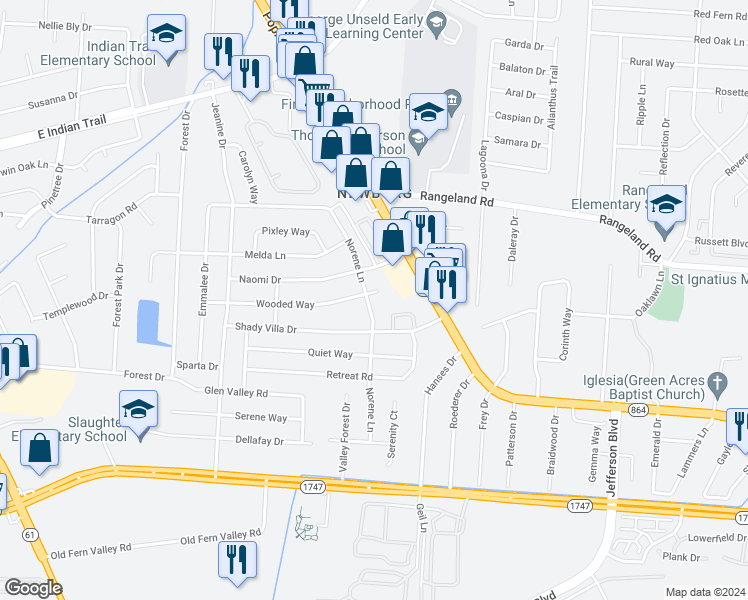 map of restaurants, bars, coffee shops, grocery stores, and more near 4407 Norene Lane in Louisville