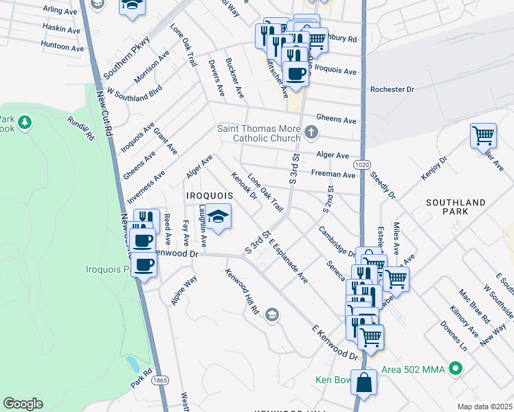 map of restaurants, bars, coffee shops, grocery stores, and more near 204 Kenoak Drive in Louisville