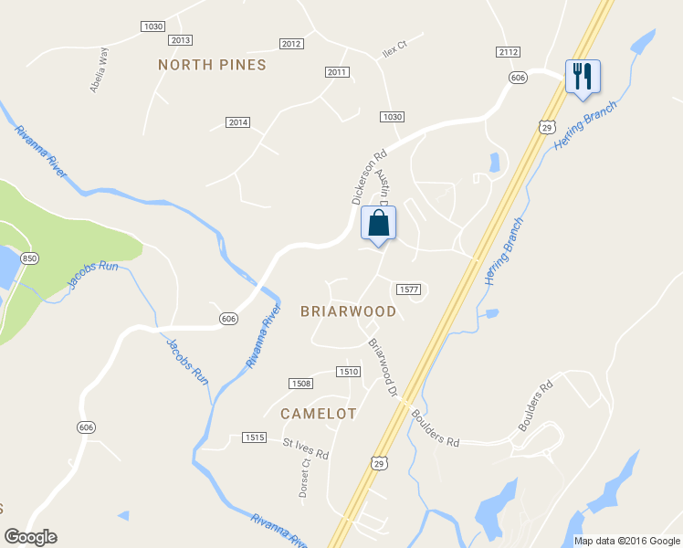 map of restaurants, bars, coffee shops, grocery stores, and more near 2225 Hummingbird Lane in Charlottesville