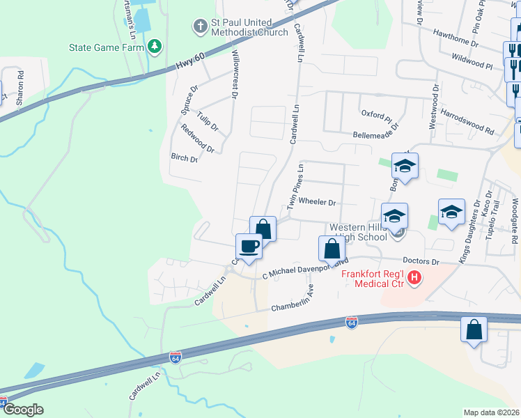 map of restaurants, bars, coffee shops, grocery stores, and more near 125 Old Station Road in Frankfort