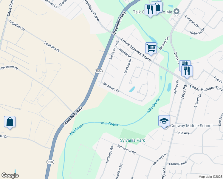 map of restaurants, bars, coffee shops, grocery stores, and more near 6504 Maravian Drive in Louisville