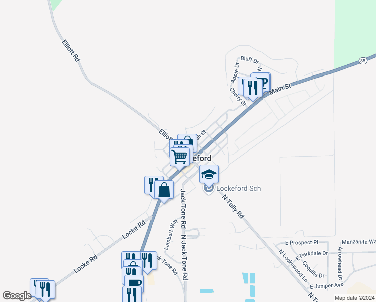 map of restaurants, bars, coffee shops, grocery stores, and more near 13569 Church Street in Lockeford