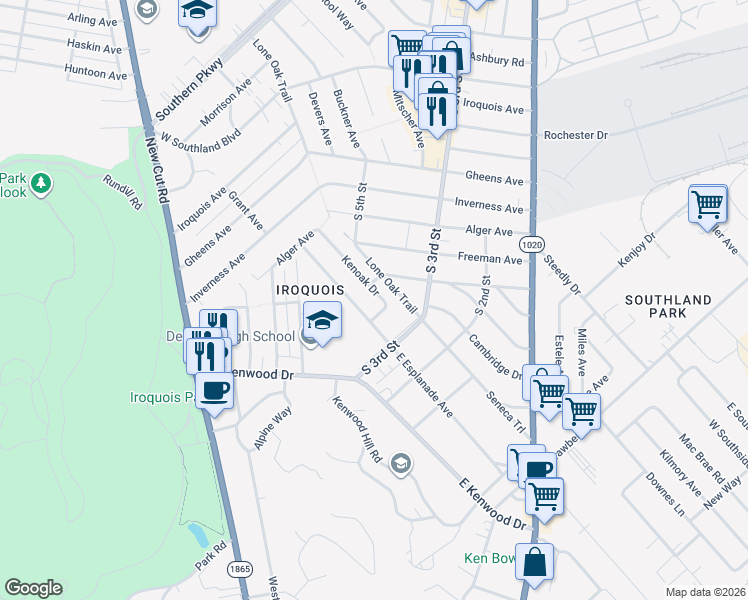 map of restaurants, bars, coffee shops, grocery stores, and more near 223 Kenoak Drive in Louisville