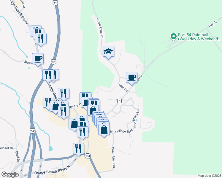 map of restaurants, bars, coffee shops, grocery stores, and more near 19 Osage Ridge Road in Lake Ozark