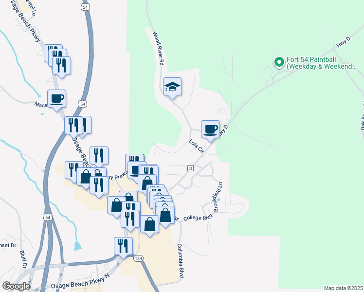 map of restaurants, bars, coffee shops, grocery stores, and more near 685-3747 Osage Ridge Road in Lake Ozark