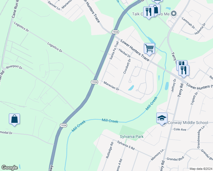 map of restaurants, bars, coffee shops, grocery stores, and more near 6512 Maravian Drive in Louisville