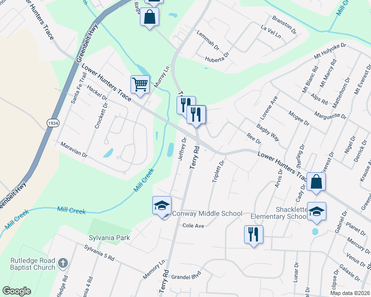 map of restaurants, bars, coffee shops, grocery stores, and more near 6004 Lower Hunters Trace in Louisville