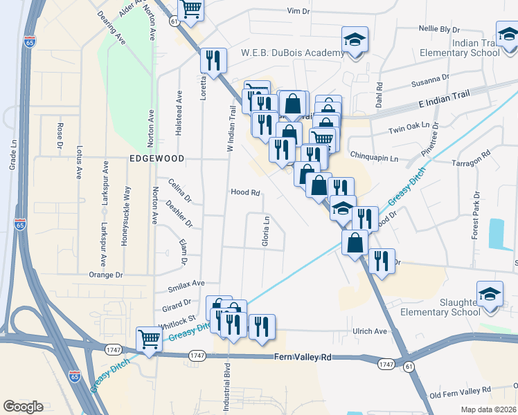 map of restaurants, bars, coffee shops, grocery stores, and more near 5905 Orville Drive in Louisville