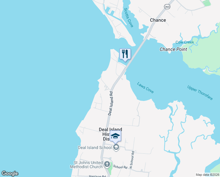 map of restaurants, bars, coffee shops, grocery stores, and more near in Deal Island Historic District