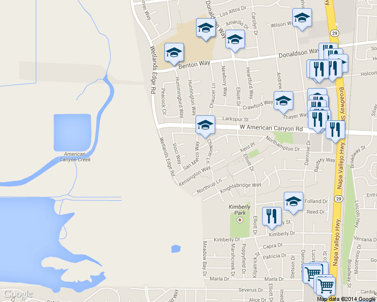 map of restaurants, bars, coffee shops, grocery stores, and more near 7 Bresso Ct in American Canyon