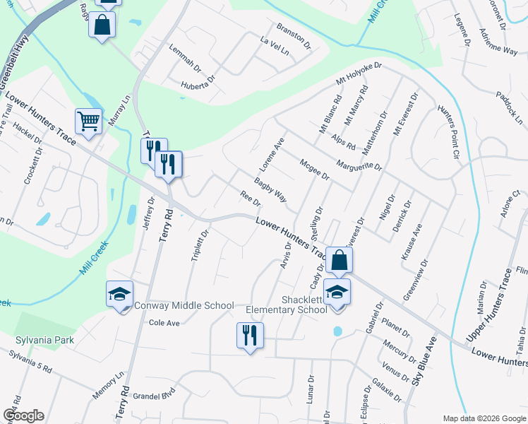 map of restaurants, bars, coffee shops, grocery stores, and more near 5603 Ree Drive in Louisville