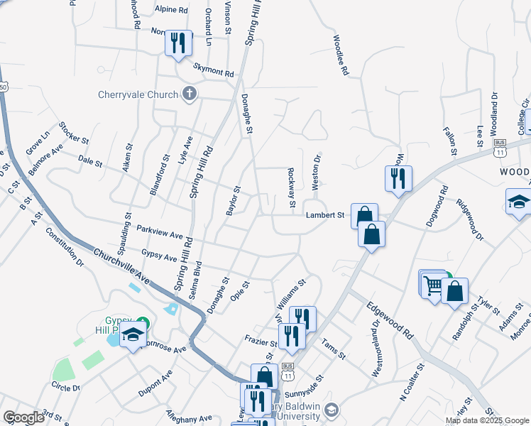 map of restaurants, bars, coffee shops, grocery stores, and more near 954 Donaghe Street in Staunton