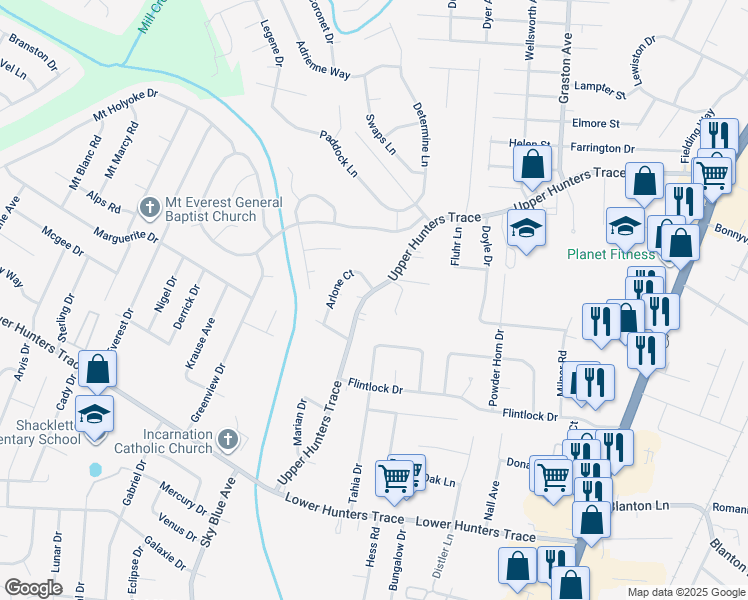 map of restaurants, bars, coffee shops, grocery stores, and more near 6119 Upper Hunters Trace in Louisville