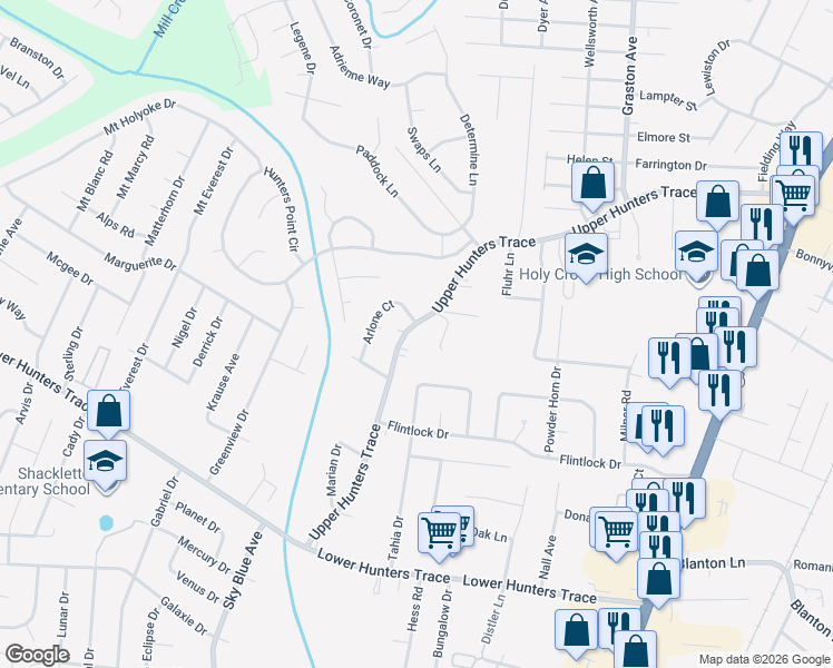 map of restaurants, bars, coffee shops, grocery stores, and more near 6119 Upper Hunters Trace in Louisville