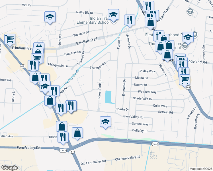 map of restaurants, bars, coffee shops, grocery stores, and more near 3805 Melda Lane in Louisville