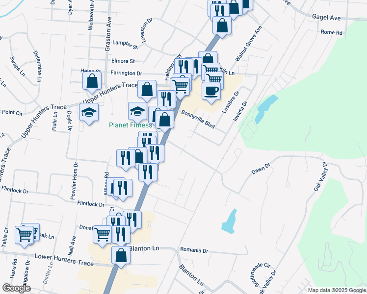 map of restaurants, bars, coffee shops, grocery stores, and more near 1731 Meyers Lane in Louisville