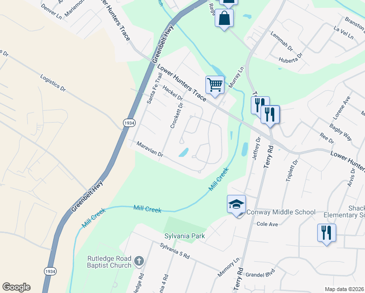 map of restaurants, bars, coffee shops, grocery stores, and more near 6719 Hunters Creek Boulevard in Louisville