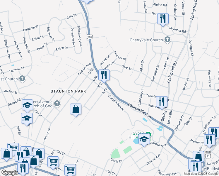 map of restaurants, bars, coffee shops, grocery stores, and more near 989 Churchville Avenue in Staunton