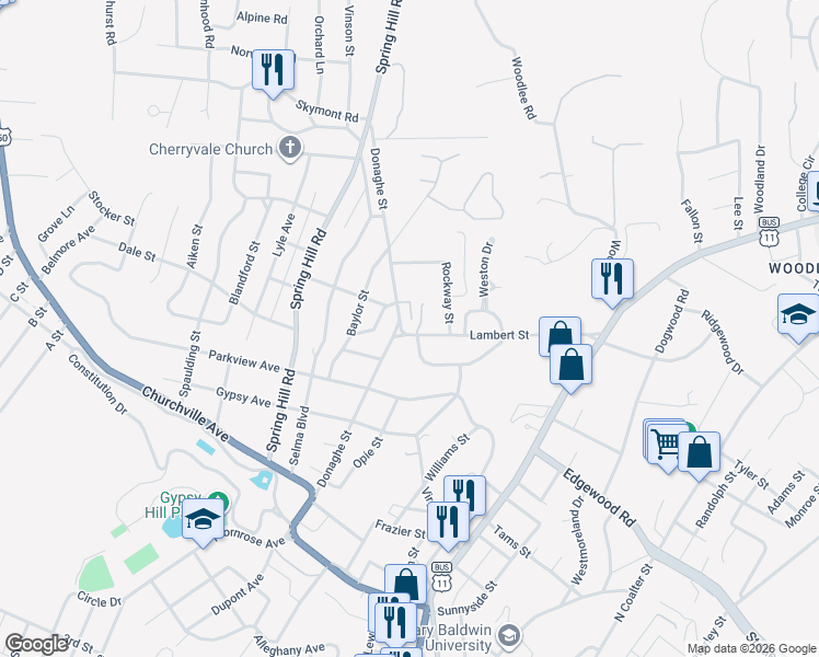 map of restaurants, bars, coffee shops, grocery stores, and more near 954 Donaghe Street in Staunton