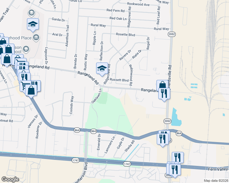 map of restaurants, bars, coffee shops, grocery stores, and more near 1724 Rangeland Road in Louisville