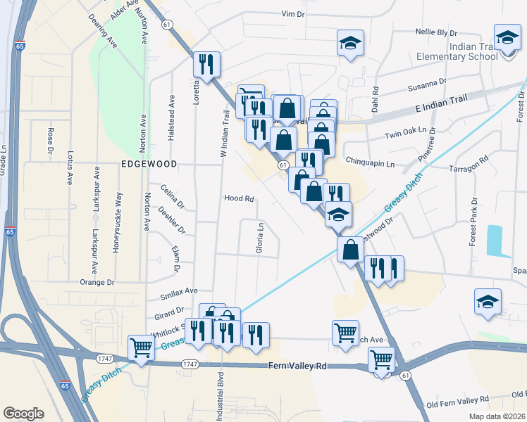 map of restaurants, bars, coffee shops, grocery stores, and more near 5905 Orville Drive in Louisville