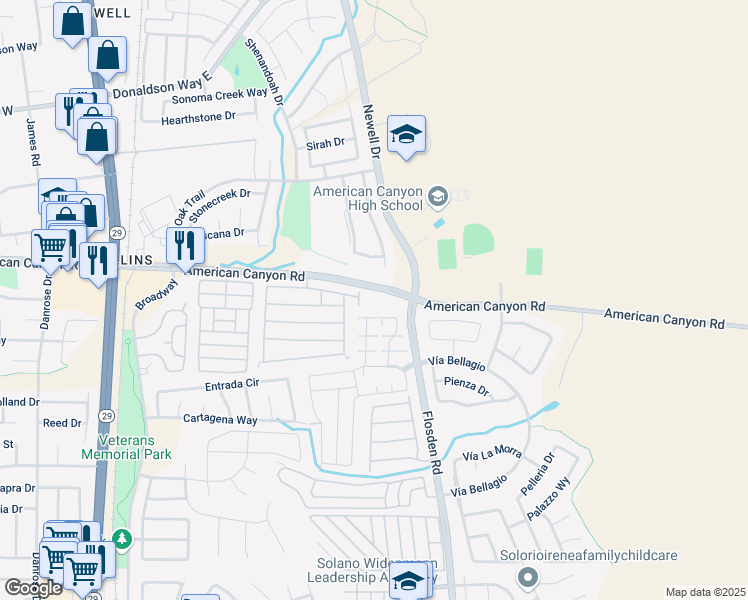map of restaurants, bars, coffee shops, grocery stores, and more near 300 American Canyon Road in American Canyon