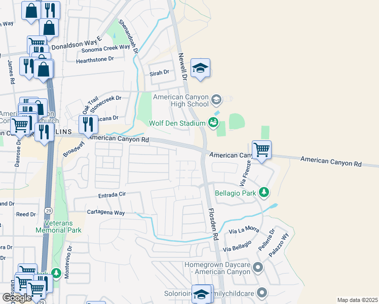 map of restaurants, bars, coffee shops, grocery stores, and more near 320 American Canyon Road in American Canyon