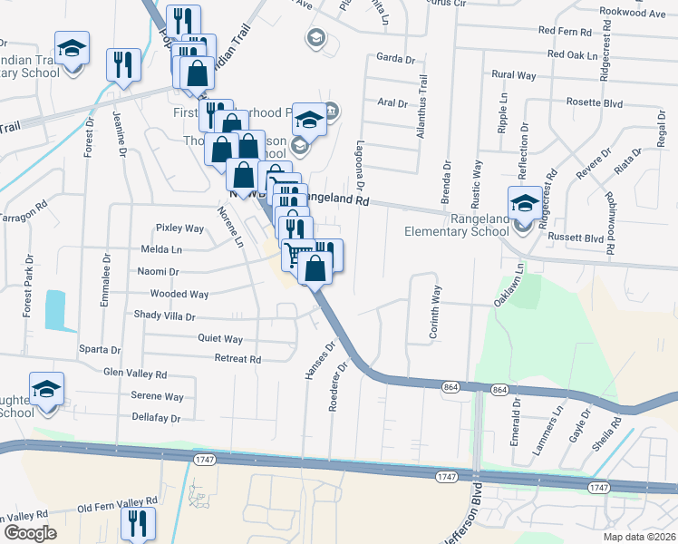 map of restaurants, bars, coffee shops, grocery stores, and more near 318 Poplar Level Court in Louisville
