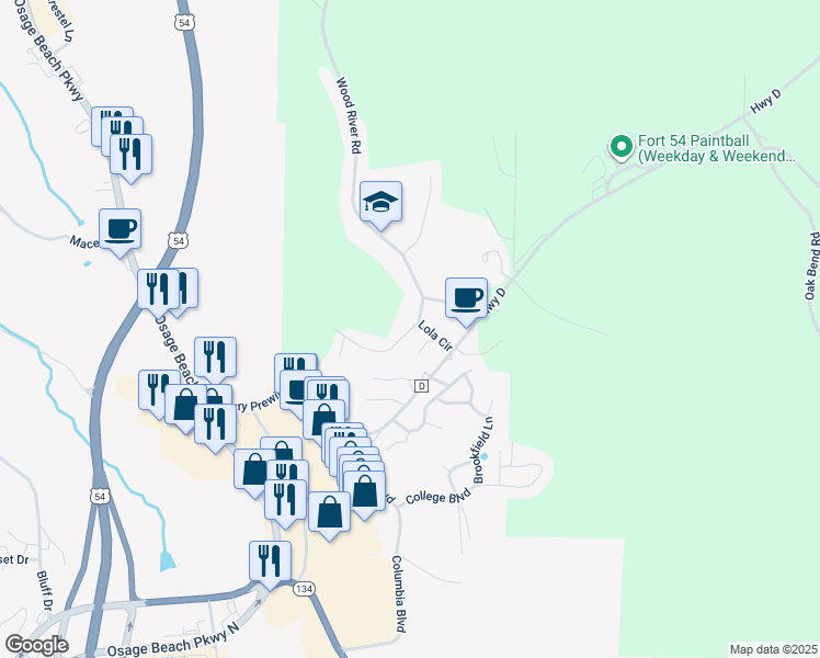 map of restaurants, bars, coffee shops, grocery stores, and more near 685-3747 Osage Ridge Road in Lake Ozark