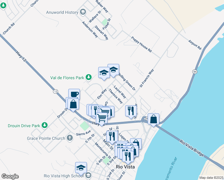 map of restaurants, bars, coffee shops, grocery stores, and more near 928 Thereza Way in Rio Vista