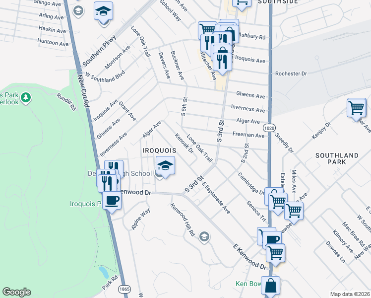 map of restaurants, bars, coffee shops, grocery stores, and more near 223 Kenoak Drive in Louisville