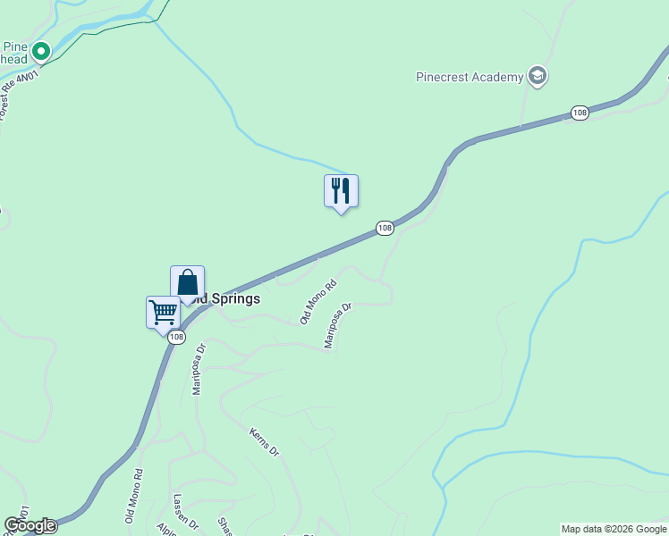 map of restaurants, bars, coffee shops, grocery stores, and more near 26665-26671 Old Mono Road in Long Barn