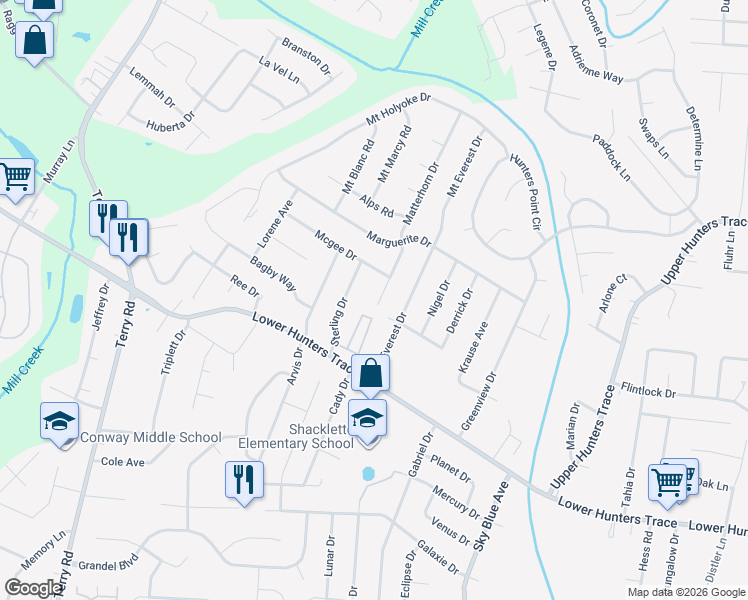 map of restaurants, bars, coffee shops, grocery stores, and more near 5506 Matterhorn Drive in Louisville