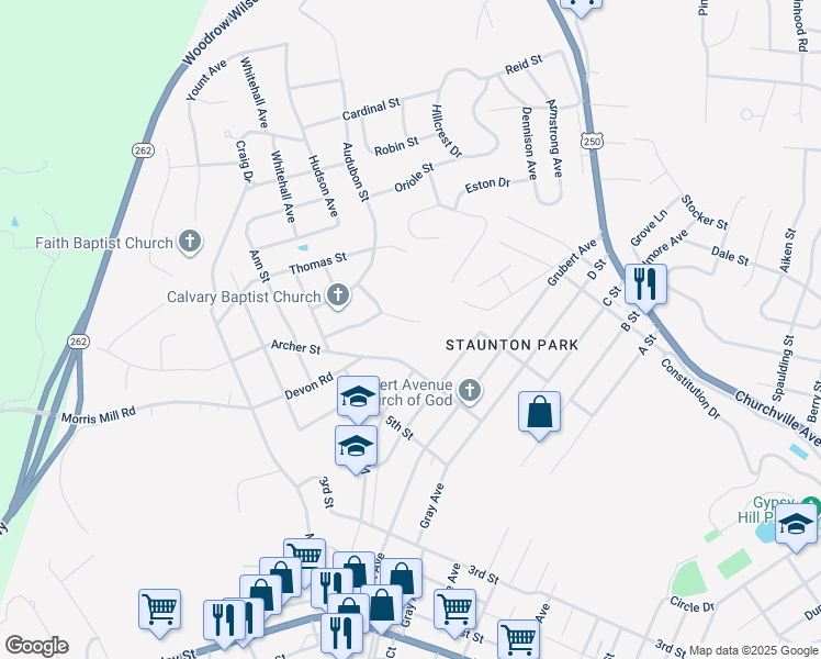 map of restaurants, bars, coffee shops, grocery stores, and more near 323 Monument Drive in Staunton